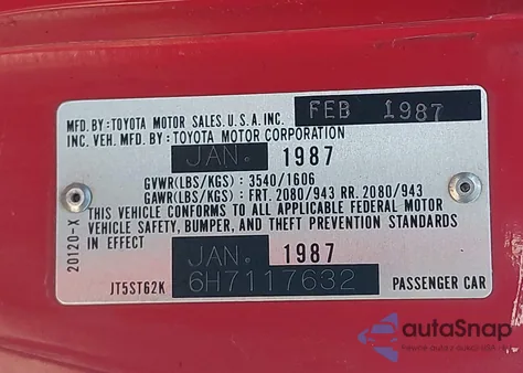 1987 Toyota Celica Gt z USA, uszkodzony, nr VIN JT5ST62K6H7117632